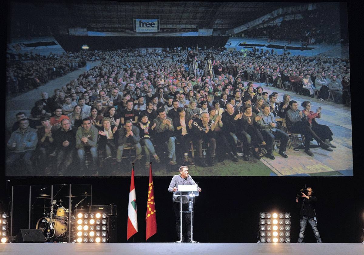 Een toespraak van de Baskische separatist Arnaldo Otegi in Anoeta in 2016.