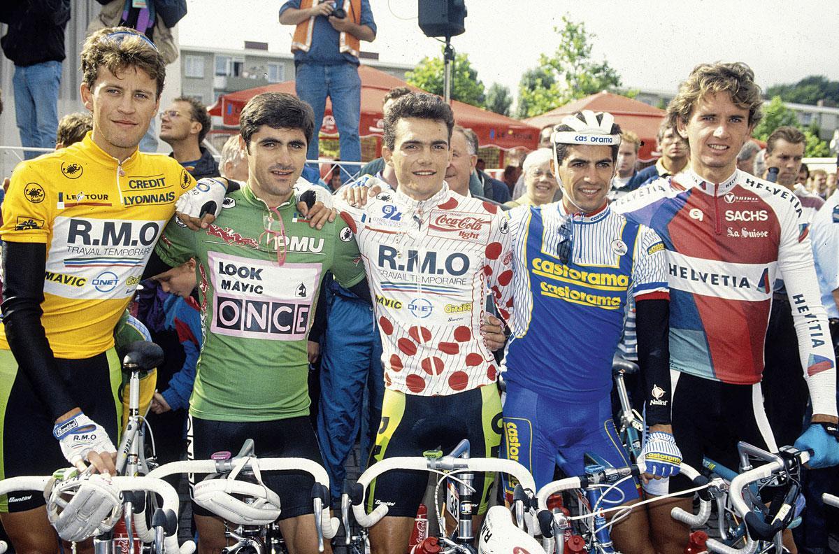 Cinq Français dans le Tour 1992. De gauche à droite, Pascal Lino, Laurent Jalabert, Richard Virenque, Dominique Arnould et Gilles Delion.