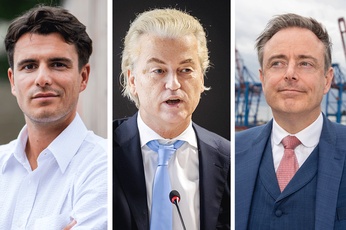 Conner Rousseau (Vooruit), Geert Wilders (PVV) en Bart De Wever (N-VA)