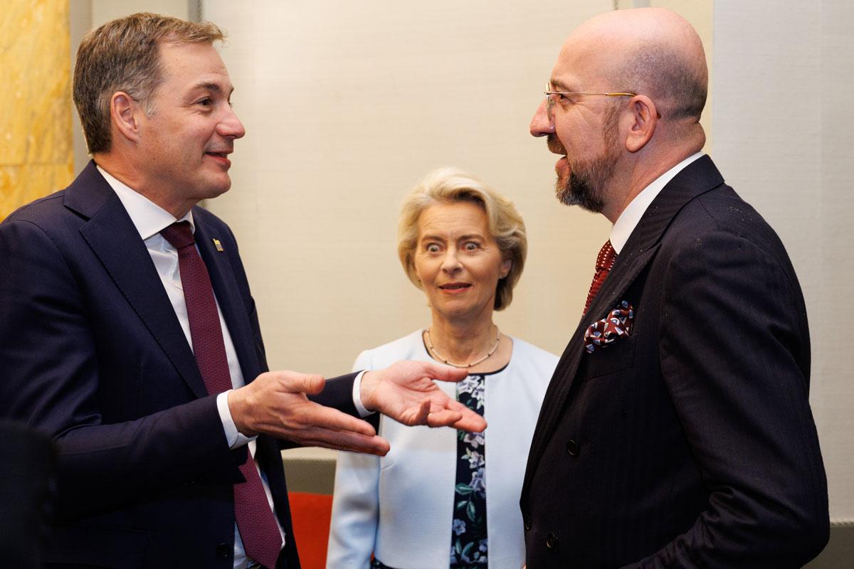 Prime Minister Alexander De Croo, European Commission president Ursula Von der Leyen and European Council President Charles Michel pictured at the opening event of the Belgian Presidency of the Council of the European Union in honor of the King and Queen, in Bozar, Friday 05 January 2024.