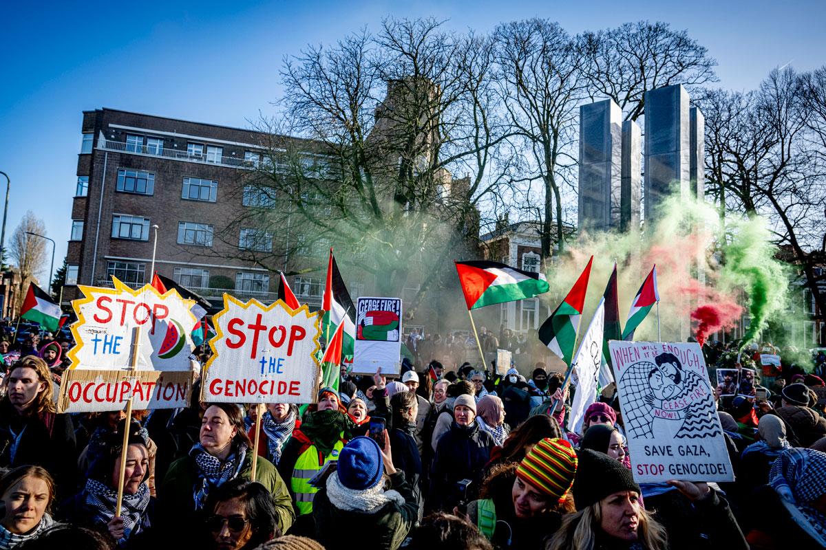 Activoerders voor het Internationaal Gerechtshof (ICJ) in Den Haag op 26 januari 2024.