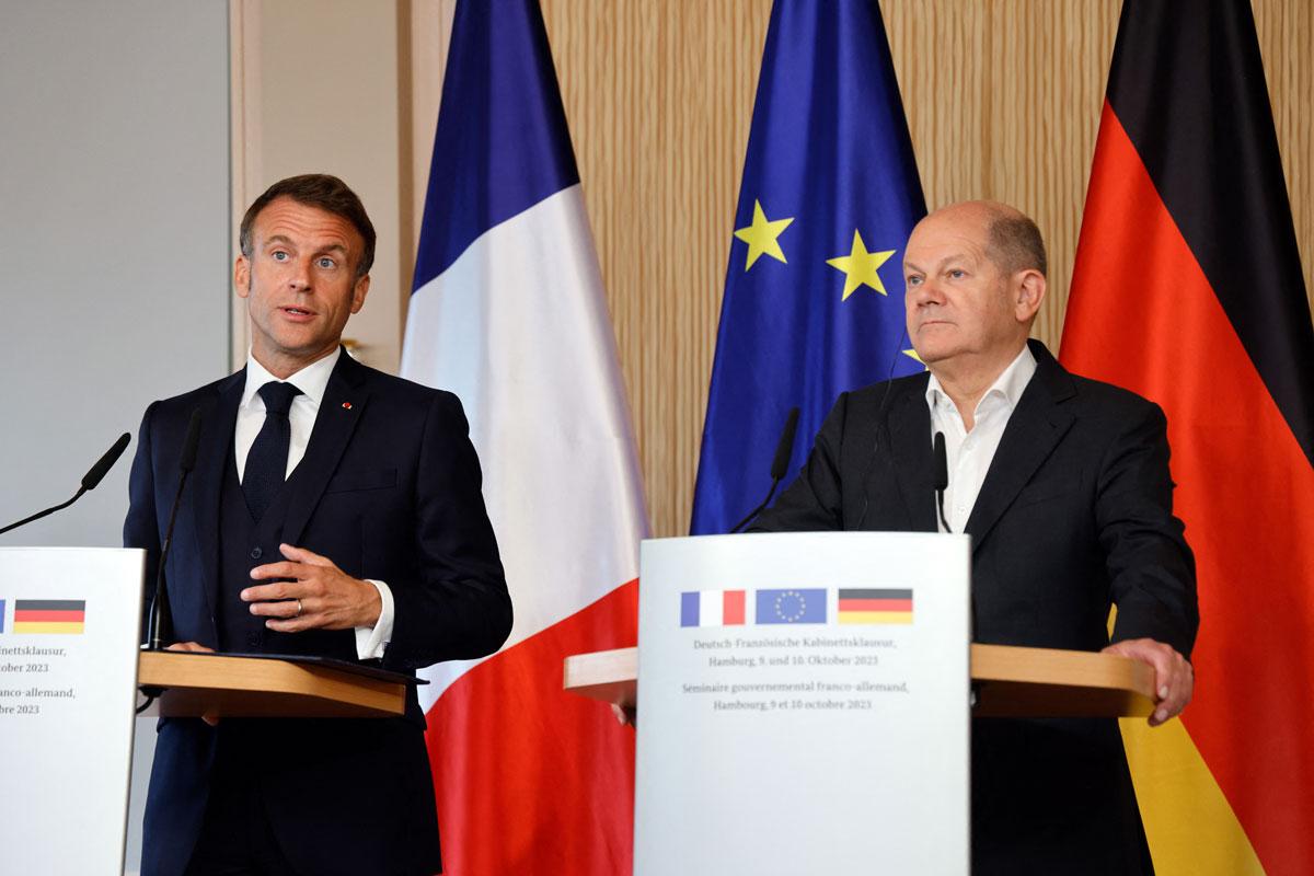 Emmanuel Macron en Olaf Scholz op 10 oktober 2023 in Hamburg.