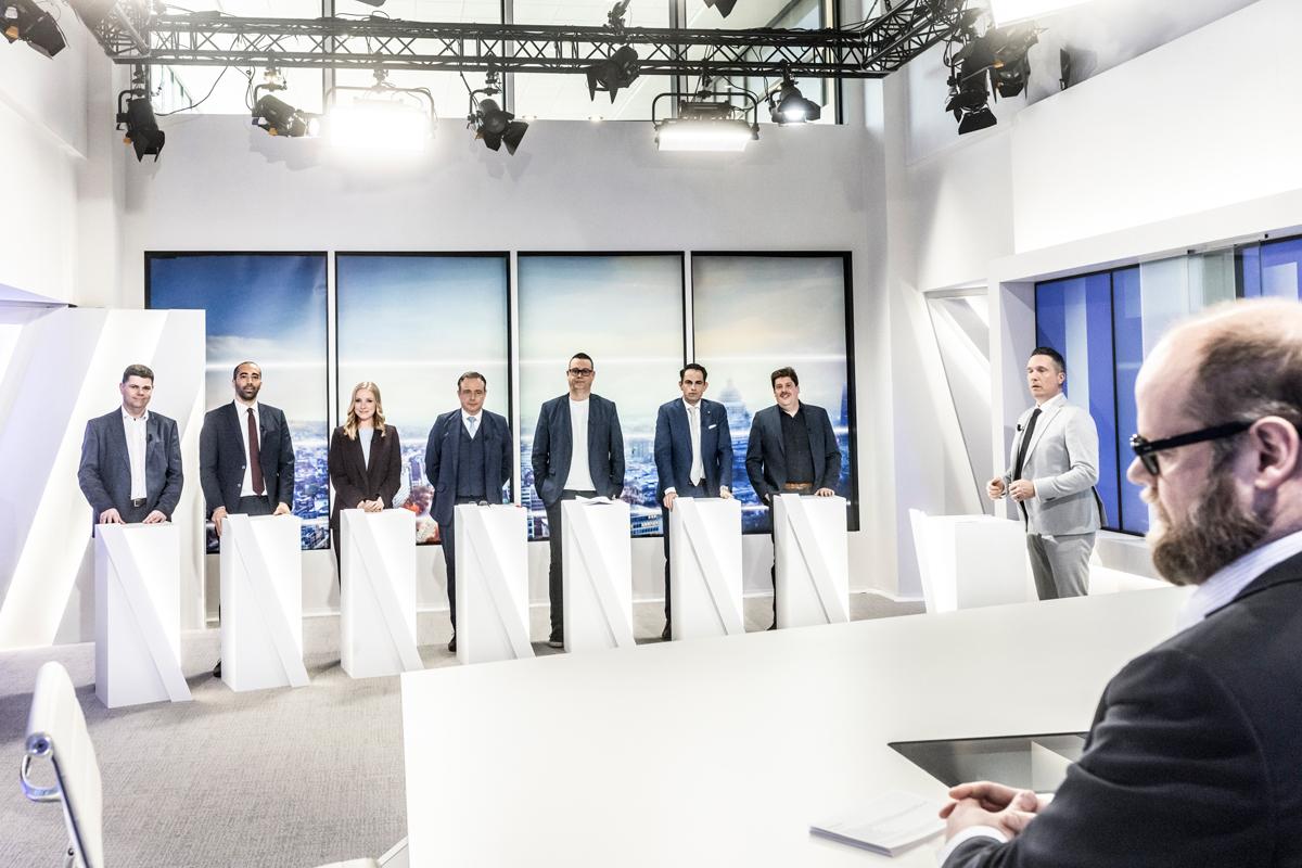 Het Grote Voorzittersdebat van Trends-Kanaal Z en Knack, met Tom Ongena, Sammy Mahdi, Melissa Depraetere, Bart De Wever, Raouil Hedebouw, Tom Van Grieken en Jeremie Vaneeckhout.