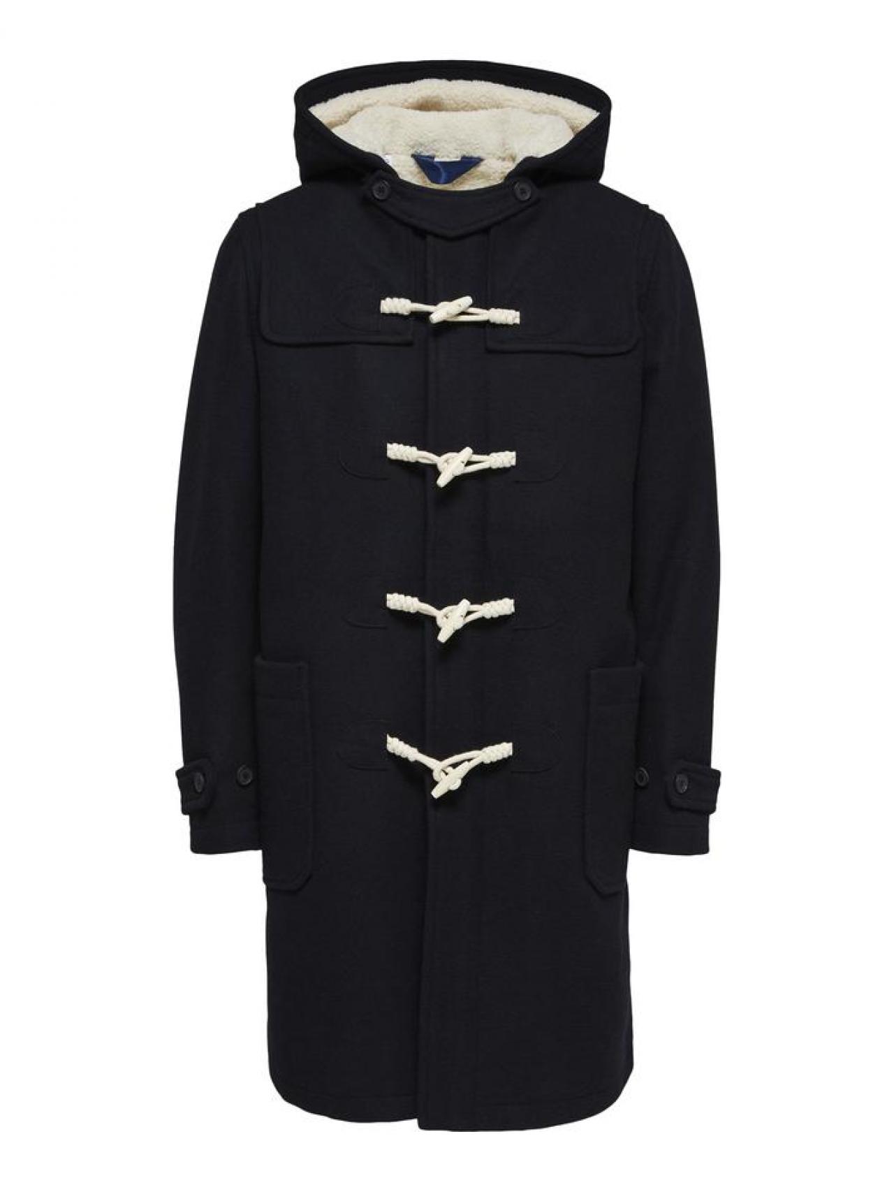Herenduffelcoat van gerecycleerde wol, kap met teddy voering (179,99 euro), van Selected Homme.