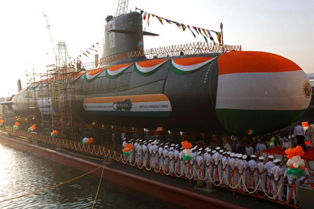 Een inhuldiging van een nieuwe Indische duikboot op 31 januari 2018.