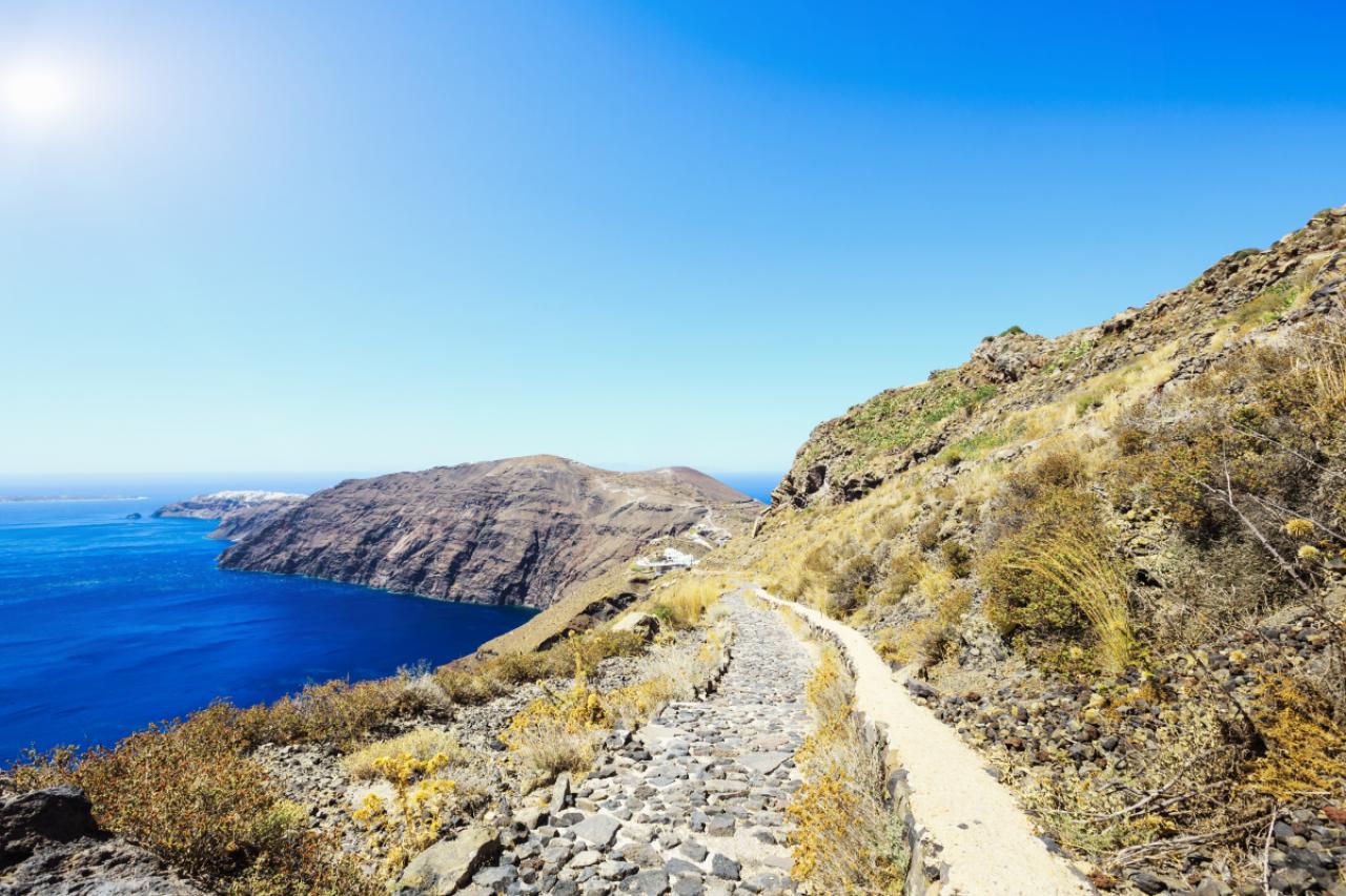 "Walkway Path from Fira to Oia along the beautiful Caldera Coastline of Santorini Island in the Mediterranean Sea. Santorini, Greece."