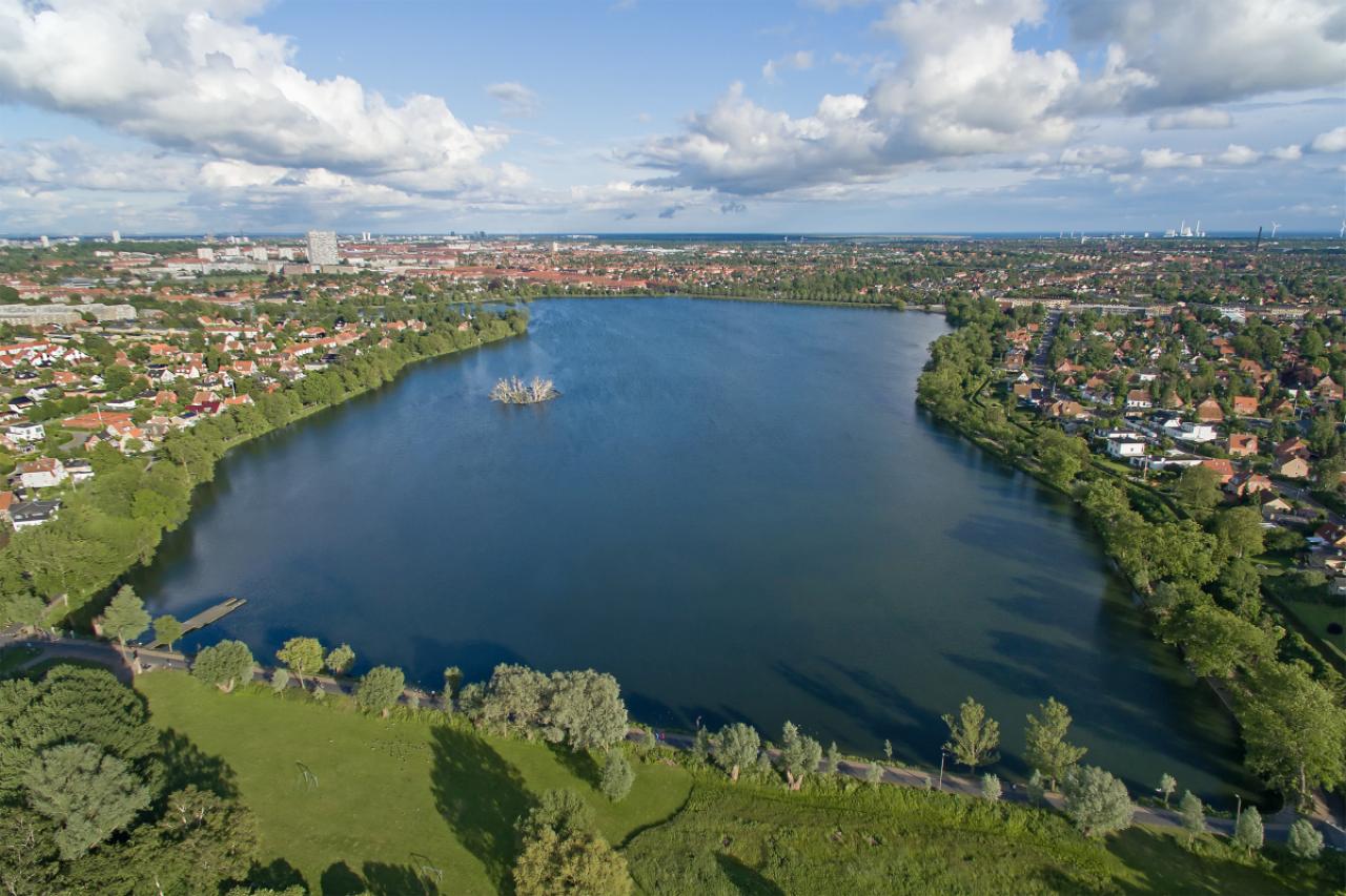 Aerial view of Damhus lake located in Zealand, Denmark
