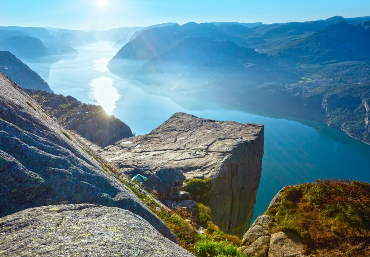 Preikestolen massive cliff (Norway, Lysefjorden summer morning view)
