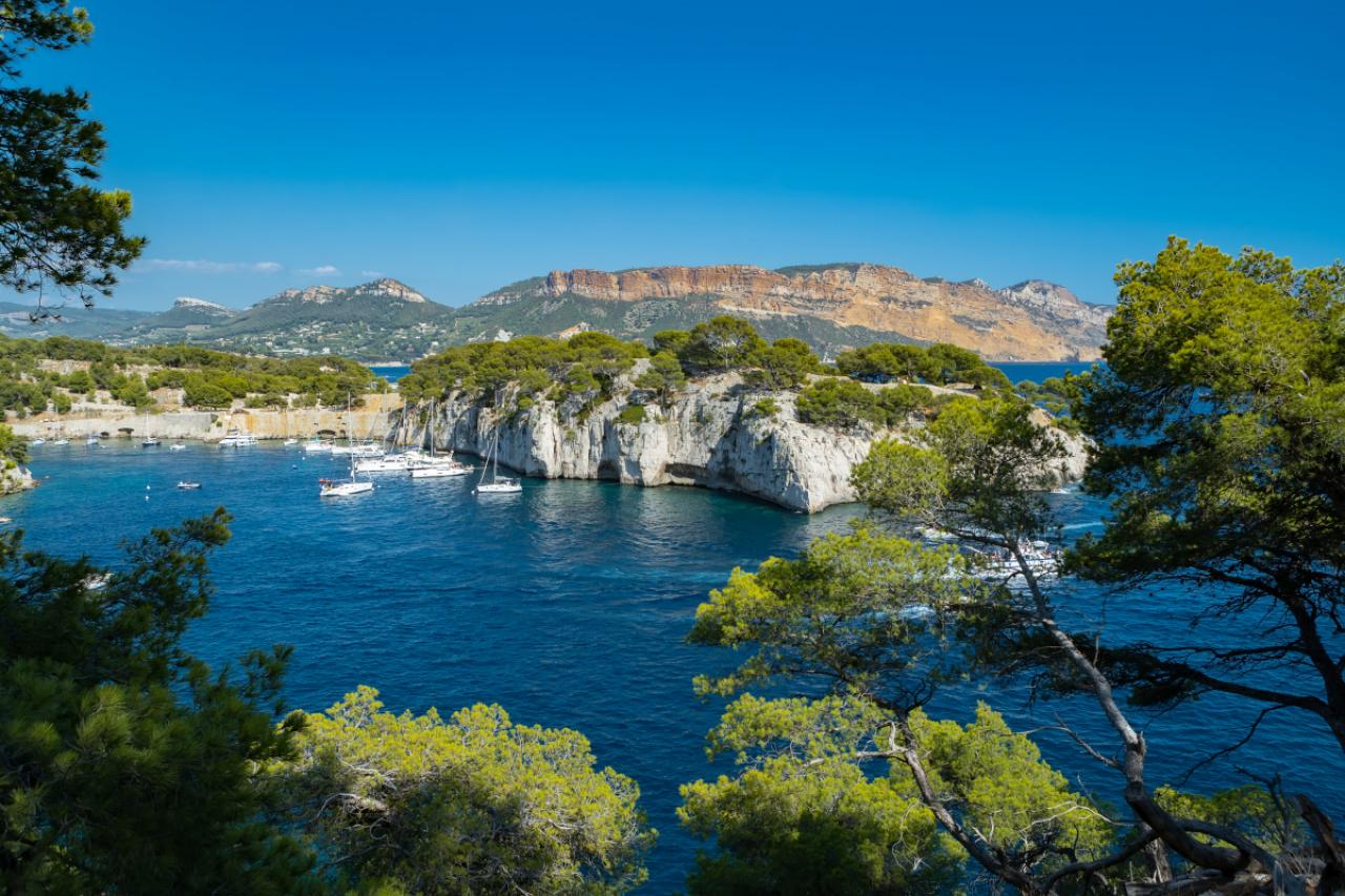 The Calanques massif, which is located between Marseille and Cassis. Calanque de Port Miou near Cassis Fishing Village. Calanques National Park. Provence, French Riviera, France, Europe