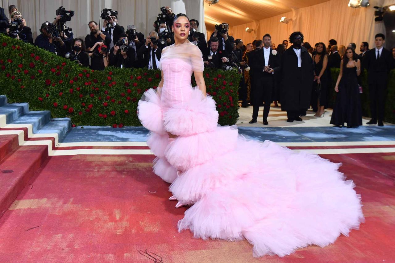 US actress Tessa Thompson arrives for the 2022 Met Gala at the Metropolitan Museum of Art on May 2, 2022, in New York. - The Gala raises money for the Metropolitan Museum of Art's Costume Institute. The Gala's 2022 theme is "In America: An Anthology of Fashion". (Photo by ANGELA  WEISS / AFP)