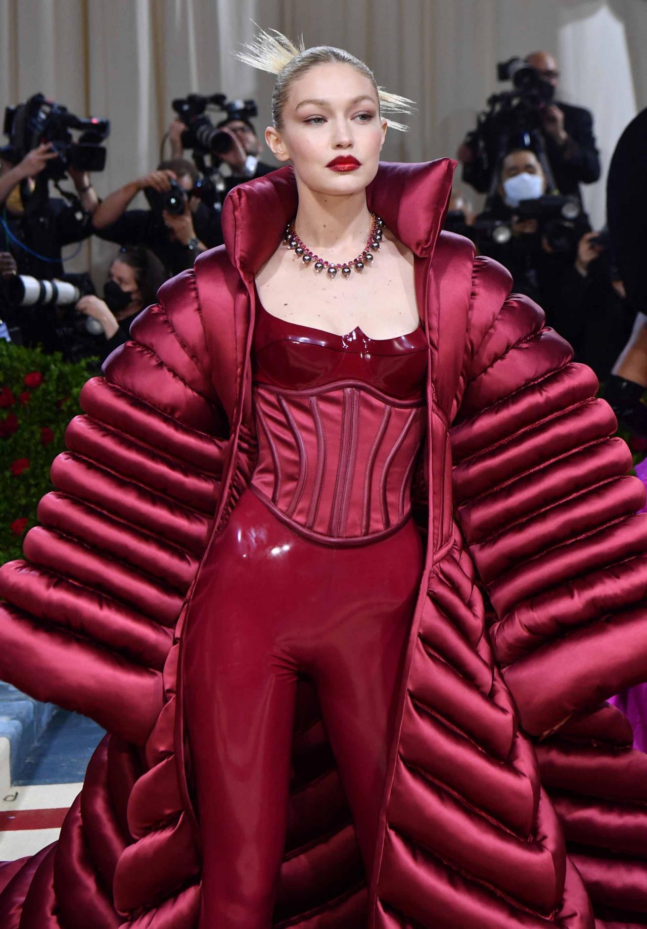 US model Gigi Hadid arrives for the 2022 Met Gala at the Metropolitan Museum of Art on May 2, 2022, in New York. - The Gala raises money for the Metropolitan Museum of Art's Costume Institute. The Gala's 2022 theme is "In America: An Anthology of Fashion". (Photo by ANGELA  WEISS / AFP)