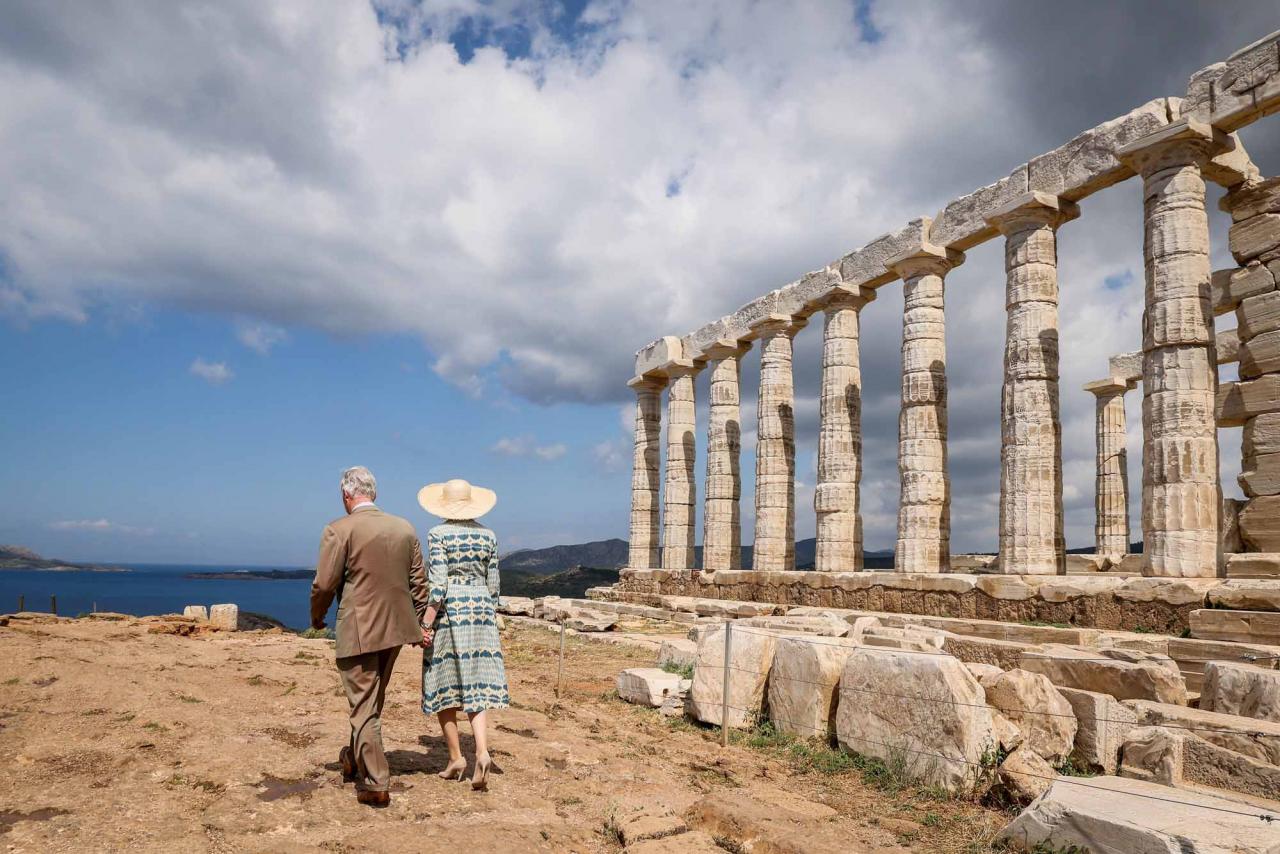 Queen Mathilde of Belgium and King Philippe - Filip of Belgium pictured during a visit to the Temple of Poseidon, on the second day of a three days state visit of the Belgian royal couple to Greece, Tuesday 03 May 2022, in Sounio.BELGA PHOTO BENOIT DOPPAGNE