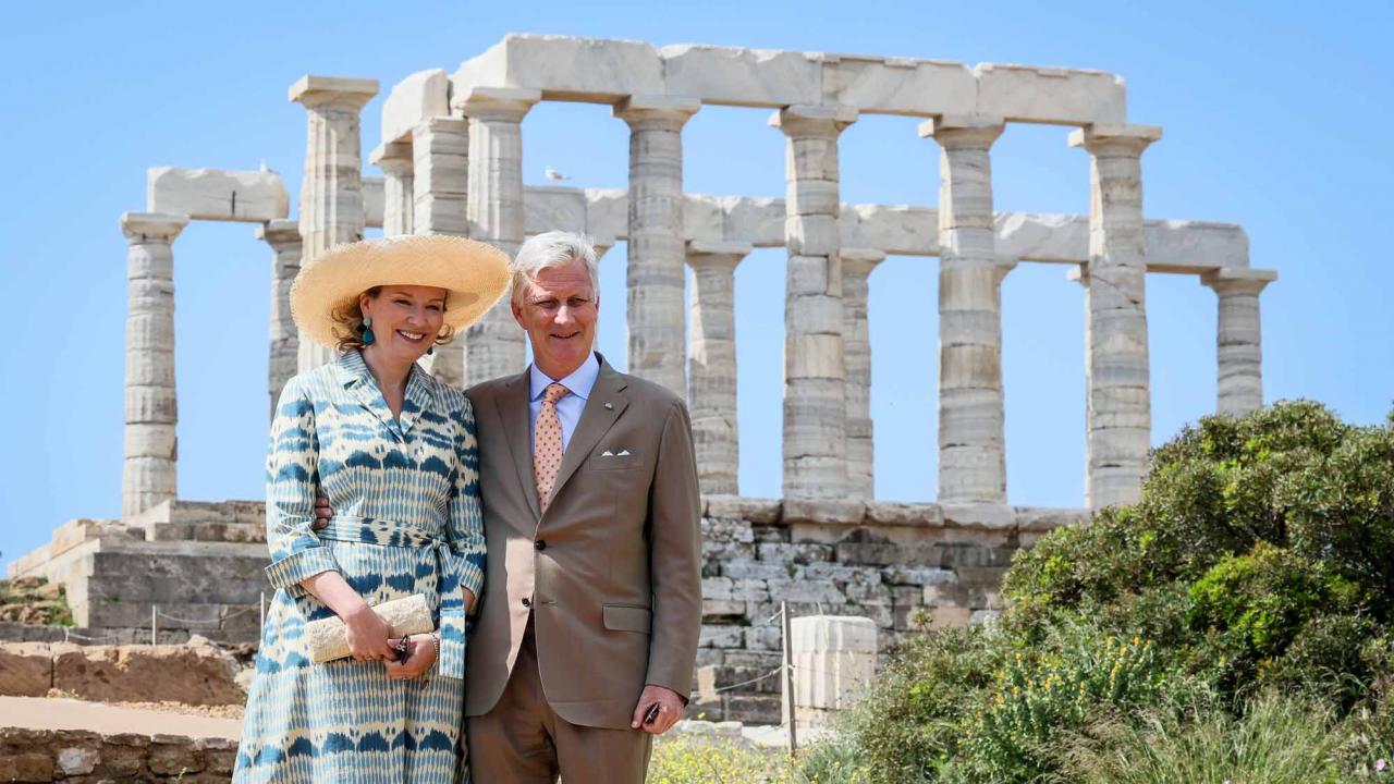 Queen Mathilde of Belgium and King Philippe - Filip of Belgium pose during a visit to the Temple of Poseidon, on the second day of a three days state visit of the Belgian royal couple to Greece, Tuesday 03 May 2022, in Sounio.BELGA PHOTO BENOIT DOPPAGNE