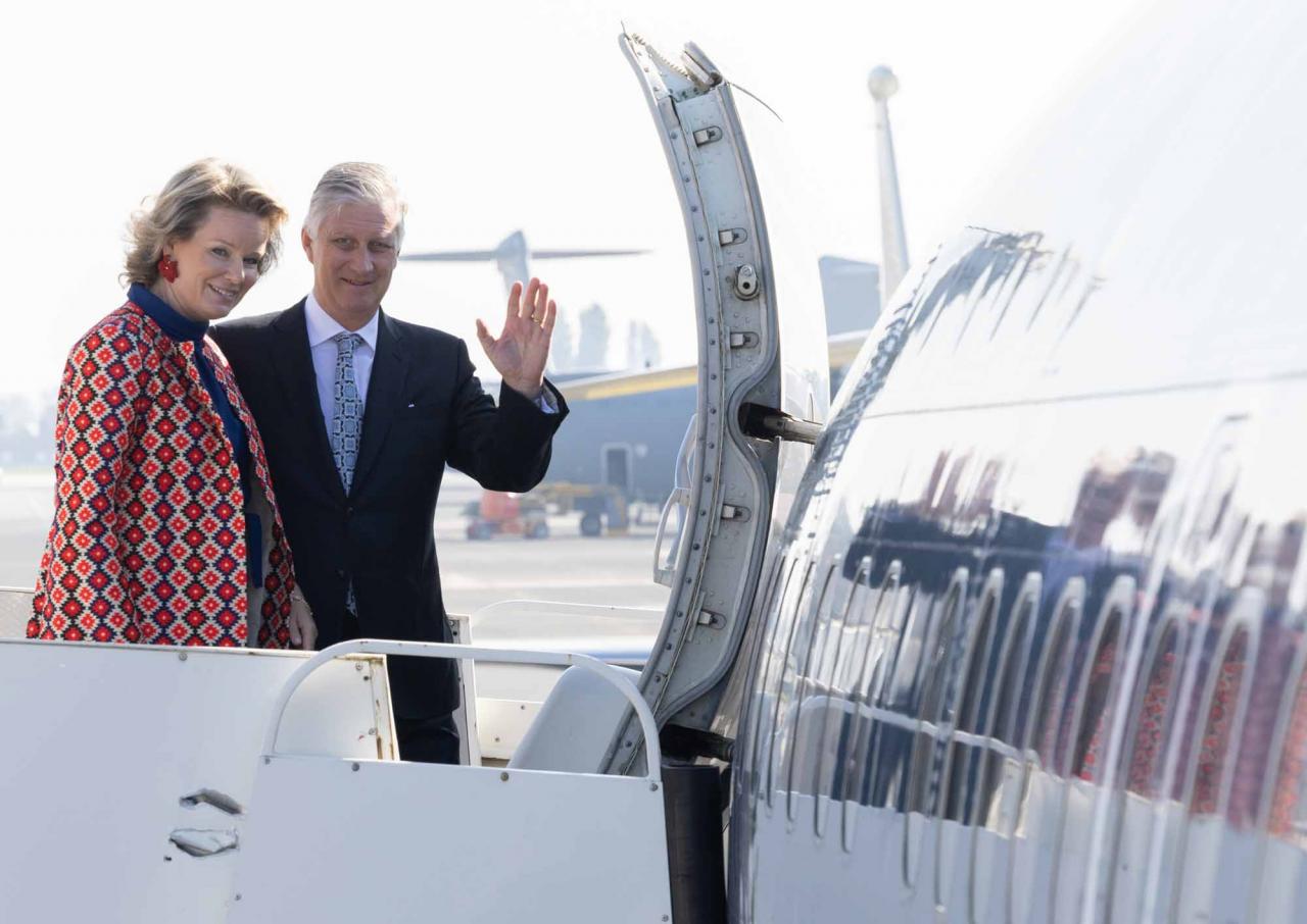 Queen Mathilde of Belgium and King Philippe - Filip of Belgium pictured at the official departure ceremony on the first day of a three days state visit of the Belgian royal couple to Greece, Monday 02 May 2022, in Melsbroek, Brussels. BELGA PHOTO BENOIT DOPPAGNE