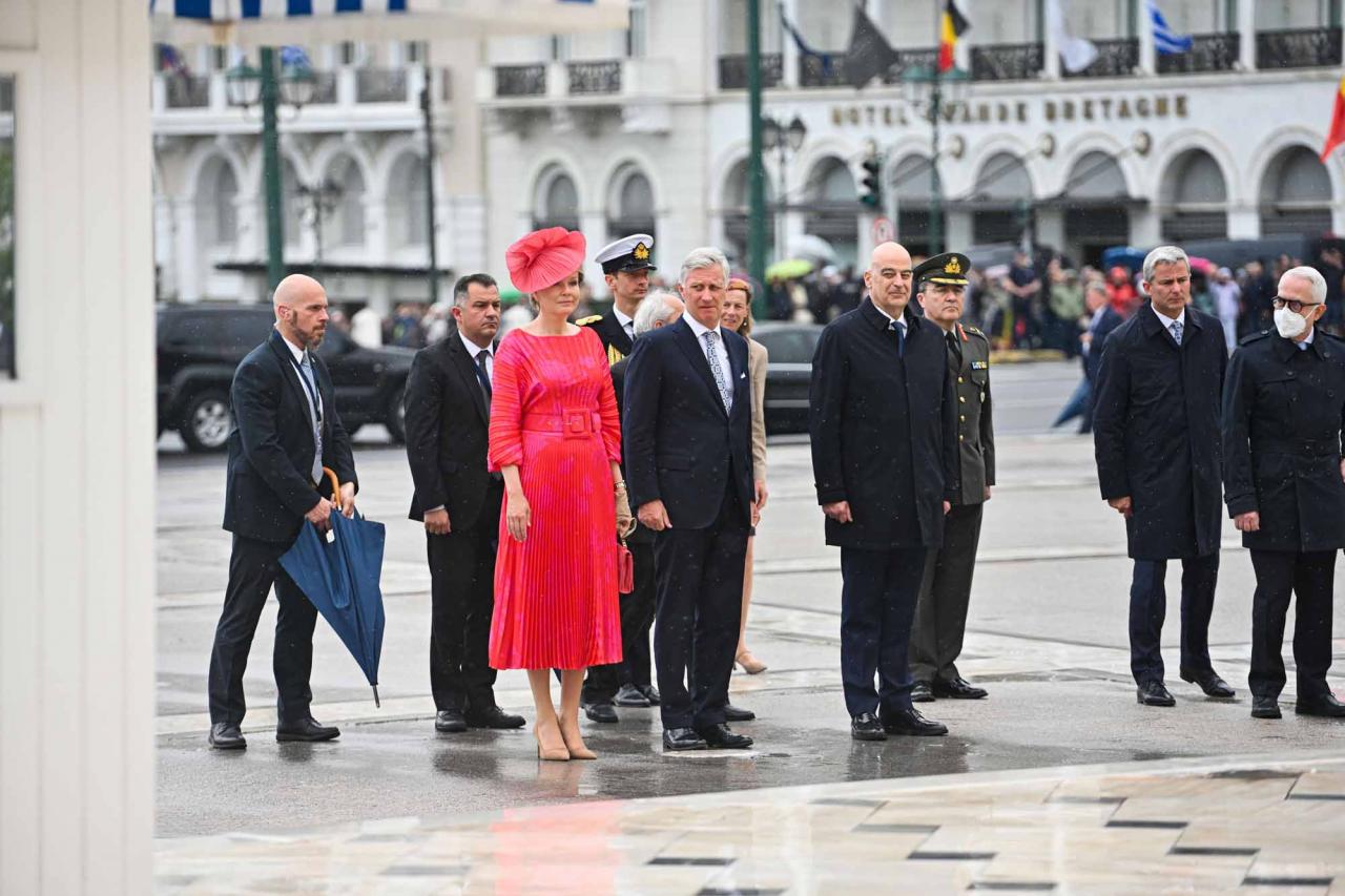 Queen Mathilde of Belgium and King Philippe - Filip of Belgium pictured during the wreath laying ceremony at the Tomb of the Unknown Soldier on the first day of a three days state visit of the Belgian royal couple to Greece, Monday 02 May 2022, in Athens.BELGA PHOTO POOL FREDERIC ANDRIEU