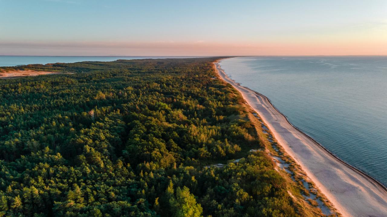 Beautiful landscape of Curonian spit on the Baltic sea with forest, beach and sea at sunset. aerial shot from drone. nature photography