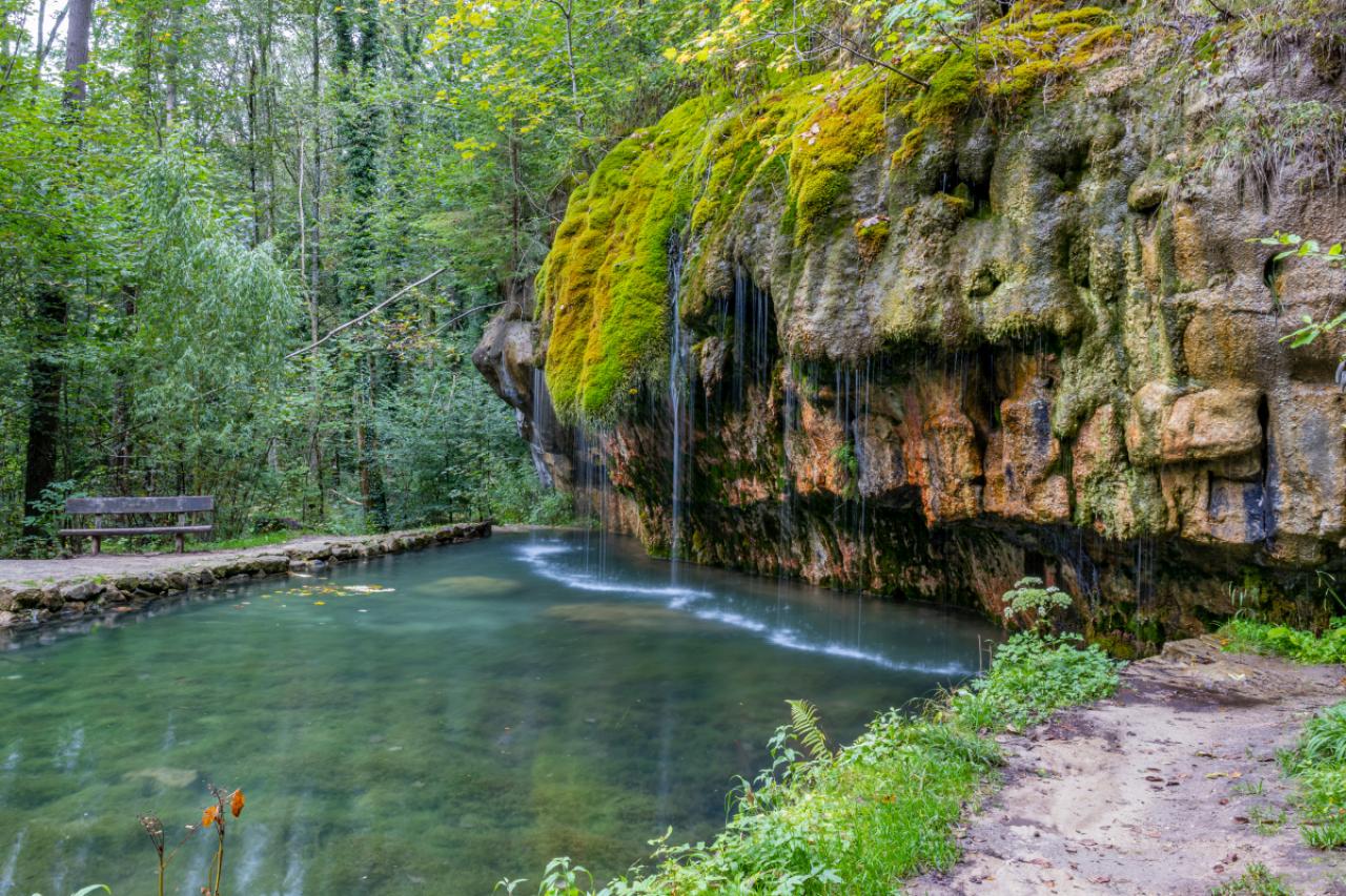 Kallektuffquell waterfall on Mullerthal Trail, spring with crystalline calcareous water, moss-covered sandstone rock formations, falling water, trees and a bank in the background, Luxembourg