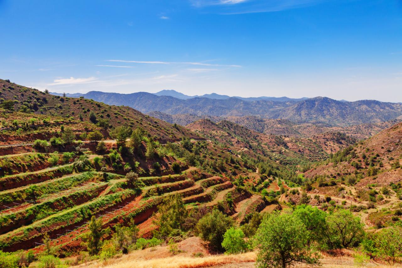 Panoramic view near of Kato Lefkara - is the most famous village in the Troodos Mountains. Limassol district, Cyprus, Mediterranean Sea. Mountain landscape and sunny day.