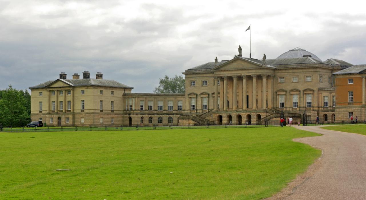 Kedleston Hall in Kedleston, Derbyshire, is approximately four miles north-west of Derby, and is the seat of the Curzon family since at least 1297. The house was designed by the Palladian architects James Paine and Matthew Brettingham At the time a relatively unknown architect, Robert Adam was designing some garden temples to enhance the landscape of the park; Curzon was so impressed with Adam's designs, that Adam was quickly put in charge of the construction of the new mansion. The North Front and portico designed by Robert Adam. (Photo by Universal History Archive/Universal Images Group via Getty Images)