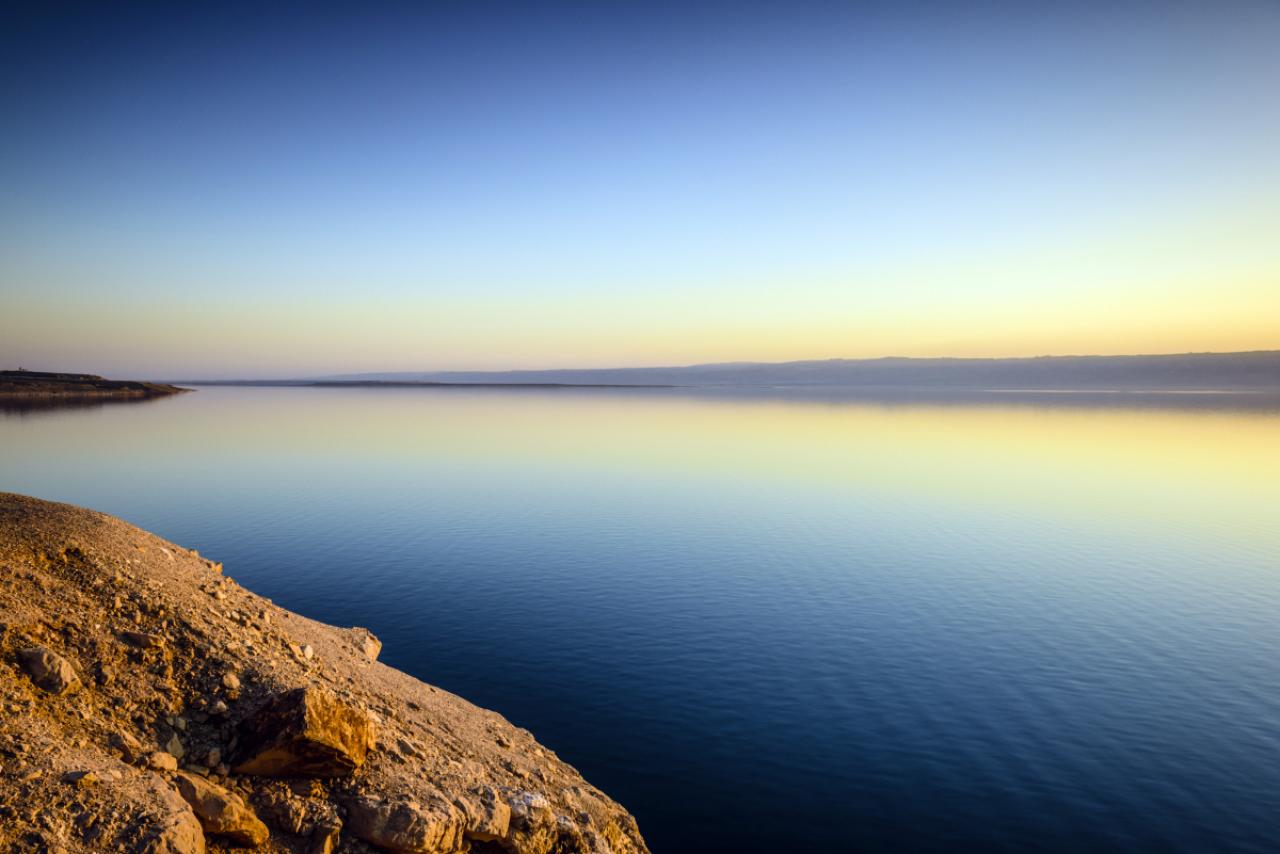 Dead Sea reflecting sunset sky, Al Karak, Jordan