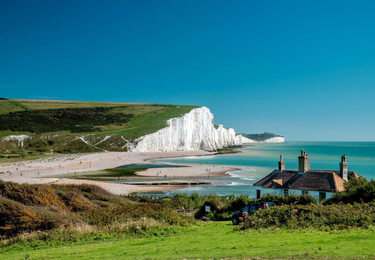 Seven Sisters chalk cliffs at Sussex with the clear blue sky
