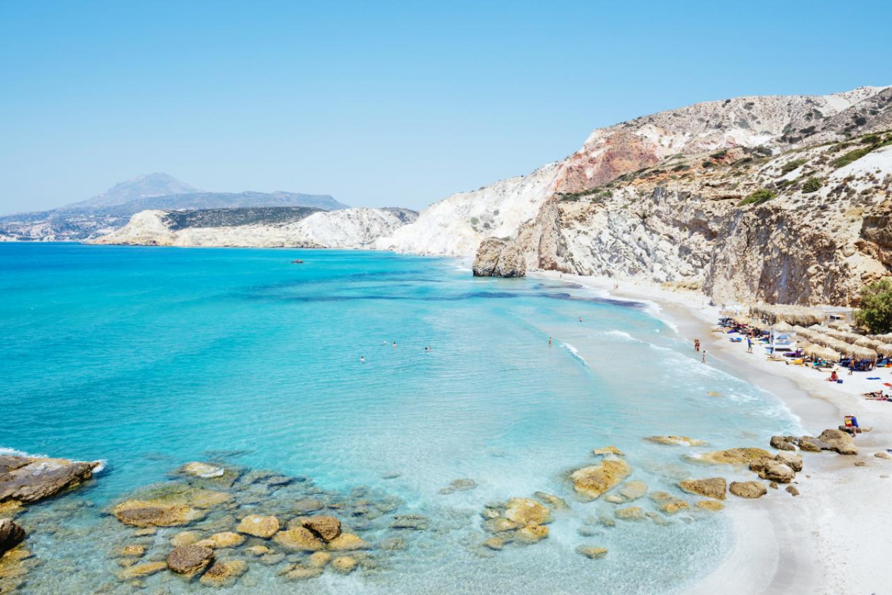 Milos, Greece. Firiplaka beach with stunning turquoise waters is one of the most popular in Milos
