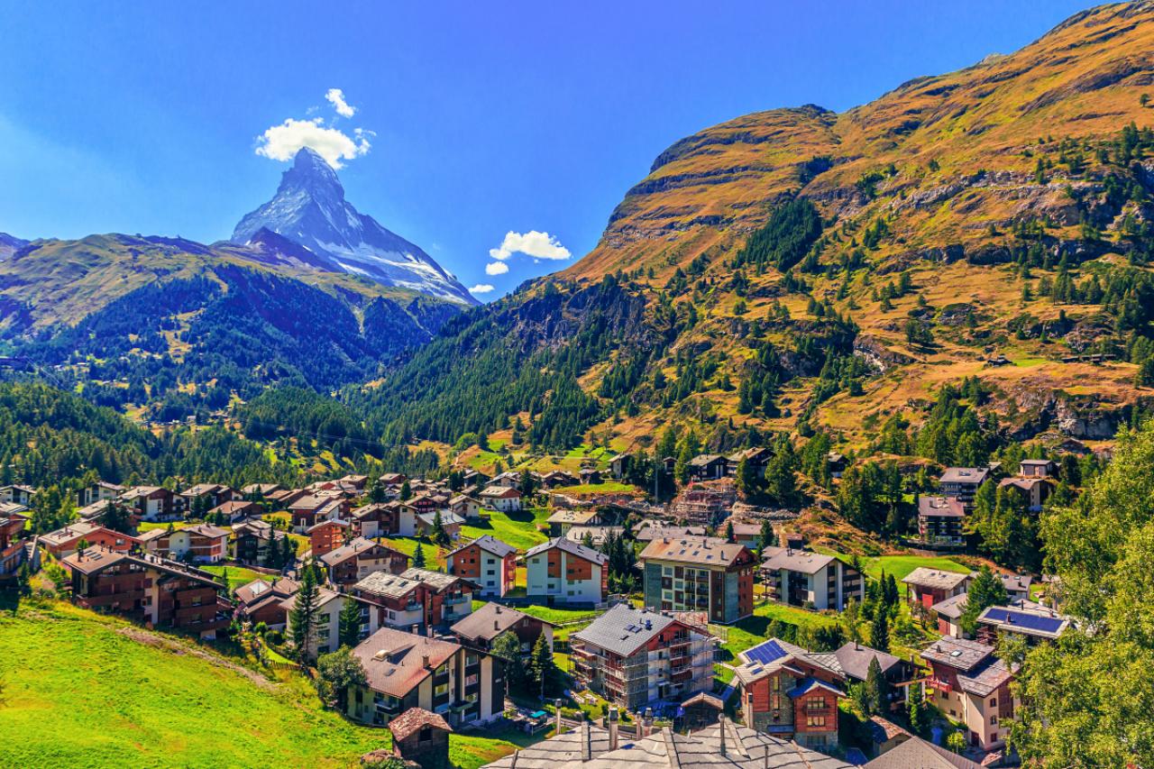 Zermatt, Switzerland-August 27, 2016. The canton of Valais lies in the southwest of Switzerland. To the north the canton is bounded by the Swiss cantons of Vaud and Bern; the cantons of Uri and Ticino lie to its east. At the head of the Mattertal valley lies Zermatt, a pretty tourist village dominated by views of the Matterhorn.