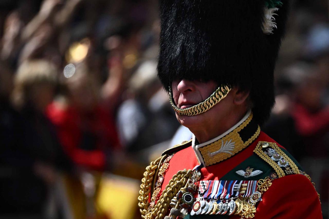 Britain's Prince Charles, Prince of Wales in his role as Colonel of the Welsh Guards, rides his horse along The Mall during the Queen's Birthday Parade, the Trooping the Colour, as part of Queen Elizabeth II's platinum jubilee celebrations, in London on June 2, 2022. - Huge crowds converged on central London in bright sunshine on Thursday for the start of four days of public events to mark Queen Elizabeth II's historic Platinum Jubilee, in what could be the last major public event of her long reign. (Photo by Ben Stansall / AFP)