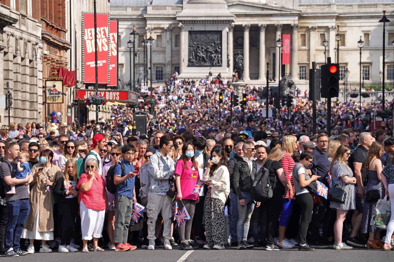 Crowds near Trafalgar Square ahead of the Trooping the Colour ceremony at Horse Guards Parade, central London, as the Queen celebrates her official birthday, on day one of the Platinum Jubilee celebrations. Picture date: Thursday June 2, 2022.