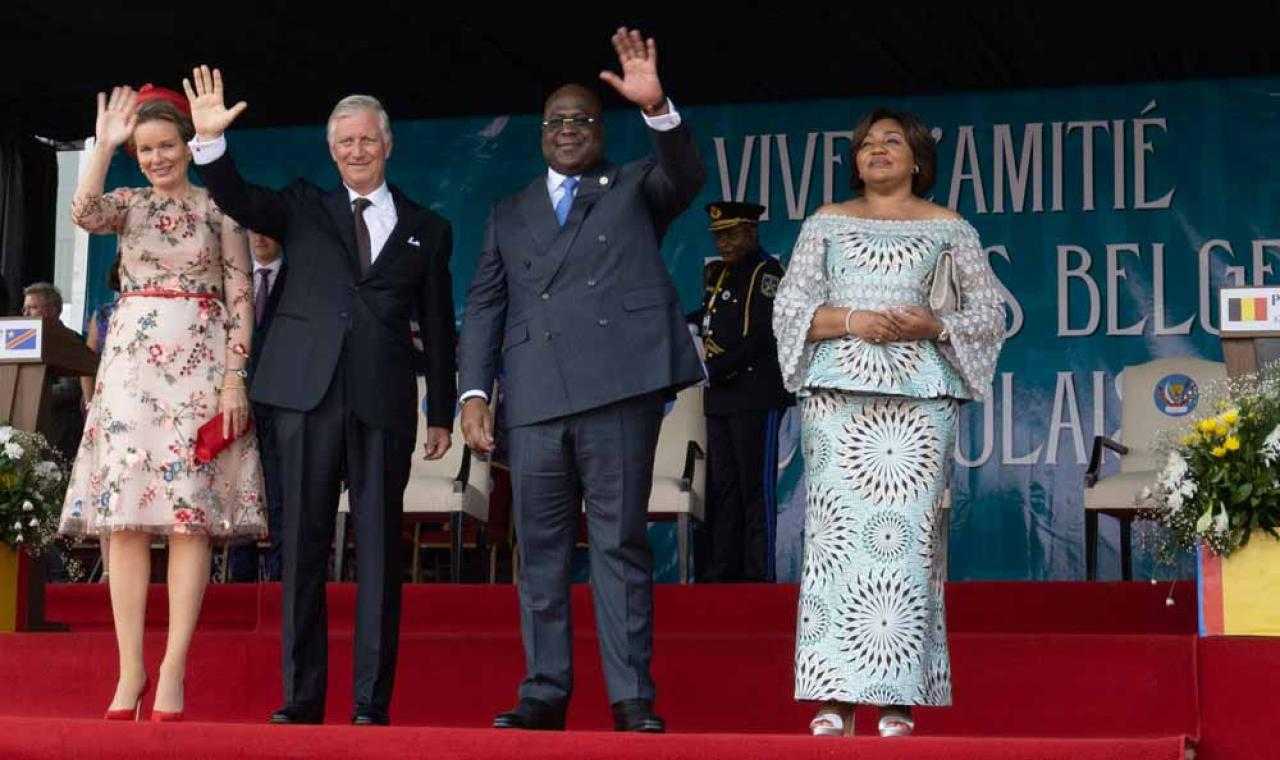 Queen Mathilde of Belgium, King Philippe - Filip of Belgium, DRC Congo President Felix Tshisekedi and DRC Congo First Lady Denise Nyakeru pictured after a ceremony at the Esplanade of the 'Palais du Peuple', in Kinshasa, during an official visit of the Belgian Royal couple to the Democratic Republic of Congo, Wednesday 08 June 2022. The Belgian King and Queen will be visiting Kinshasa, Lubumbashi and Bukavu from June 7th to June 13th. BELGA PHOTO BENOIT DOPPAGNE