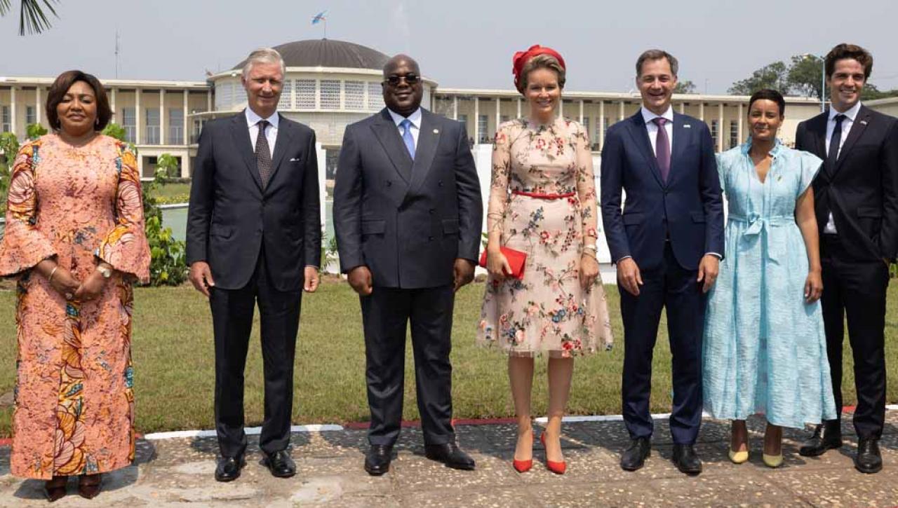 DRC Congo First Lady Denise Nyakeru, King Philippe - Filip of Belgium, DRC Congo President Felix Tshisekedi, Queen Mathilde of Belgium, Prime Minister Alexander De Croo, Minister for Development Cooperation Meryame Kitir and State Secretary for scientific policy Thomas Dermine pose for the photographers after a meeting at the Palais de la Nation, in Kinshasa, during an official visit of the Belgian Royal couple to the Democratic Republic of Congo, Wednesday 08 June 2022. The Belgian King and Queen will be visiting Kinshasa, Lubumbashi and Bukavu from June 7th to June 13th. BELGA PHOTO BENOIT DOPPAGNE