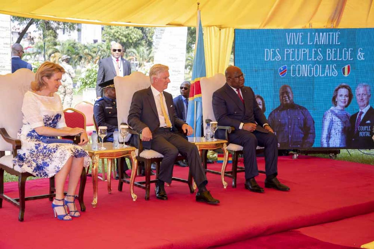 Queen Mathilde of Belgium, King Philippe - Filip of Belgium and DRC Congo President Felix Tshisekedi pictured during a round table discussion on women's rights at the Academie des Beaux-Arts, during an official visit of the Belgian Royal couple to the Democratic Republic of Congo, Thursday 09 June 2022, in Kinshasa. The Belgian King and Queen will be visiting Kinshasa, Lubumbashi and Bukavu from June 7th to June 13th. BELGA PHOTO NICOLAS MAETERLINCK
