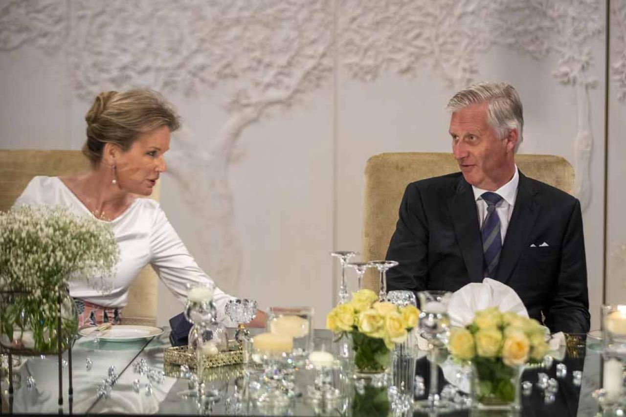 Queen Mathilde of Belgium and King Philippe - Filip of Belgium pictured during the official Banquet at the Cite de l'Union africaine (UA), in Kinshasa, during an official visit of the Belgian Royal couple to the Democratic Republic of Congo, Wednesday 08 June 2022. The Belgian King and Queen will be visiting Kinshasa, Lubumbashi and Bukavu from June 7th to June 13th. BELGA PHOTO NICOLAS MAETERLINCK