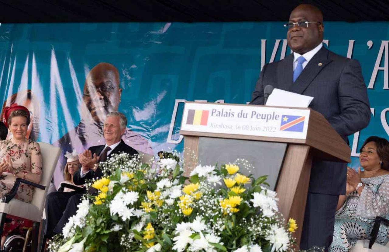 Queen Mathilde of Belgium, King Philippe - Filip of Belgium, DRC Congo President Felix Tshisekedi and DRC Congo First Lady Denise Nyakeru pictured during a ceremony at the Esplanade of the 'Palais du Peuple', in Kinshasa, during an official visit of the Belgian Royal couple to the Democratic Republic of Congo, Wednesday 08 June 2022. The Belgian King and Queen will be visiting Kinshasa, Lubumbashi and Bukavu from June 7th to June 13th. BELGA PHOTO POOL BENOIT DOPPAGNE