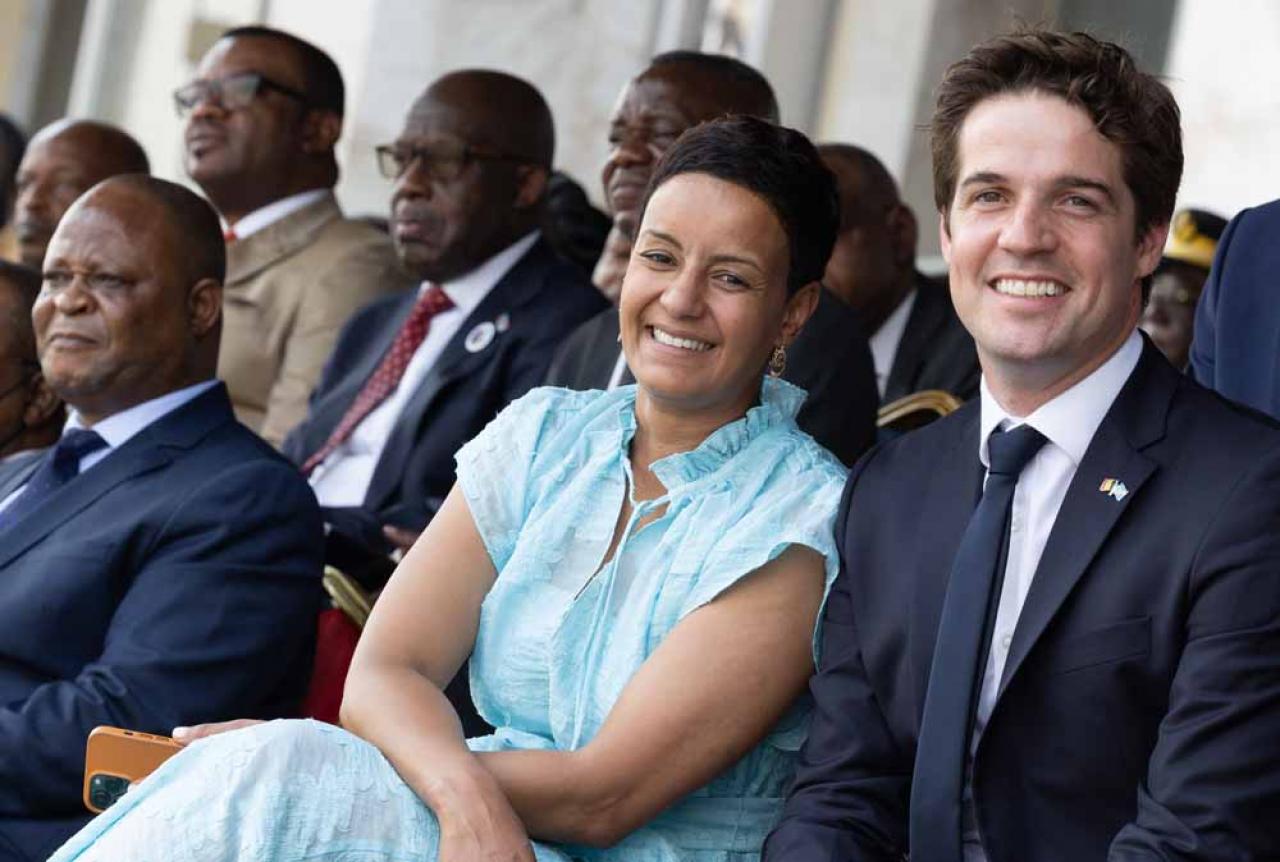 Minister for Development Cooperation Meryame Kitir and State Secretary for scientific policy Thomas Dermine pictured during a ceremony at the Esplanade of the 'Palais du Peuple', in Kinshasa, during an official visit of the Belgian Royal couple to the Democratic Republic of Congo, Wednesday 08 June 2022. The Belgian King and Queen will be visiting Kinshasa, Lubumbashi and Bukavu from June 7th to June 13th. BELGA PHOTO POOL BENOIT DOPPAGNE