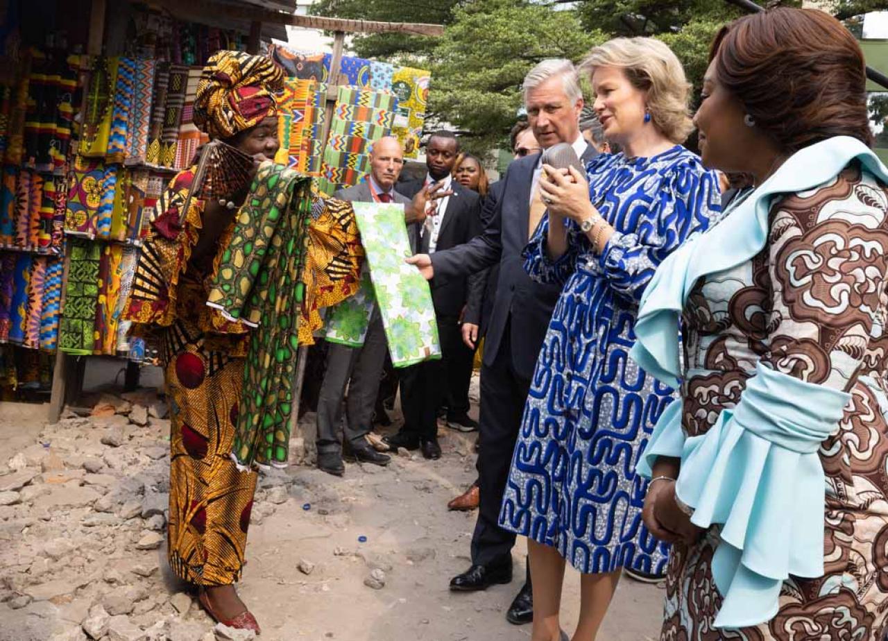 King Philippe - Filip of Belgium, Queen Mathilde of Belgium and DRC Congo First Lady Denise Nyakeru pictured during a meeting with the 'mamans' at the Beach Ngobila market, during an official visit of the Belgian Royal couple to the Democratic Republic of Congo, Thursday 09 June 2022, in Kinshasa. The Belgian King and Queen will be visiting Kinshasa, Lubumbashi and Bukavu from June 7th to June 13th. BELGA PHOTO BENOIT DOPPAGNE