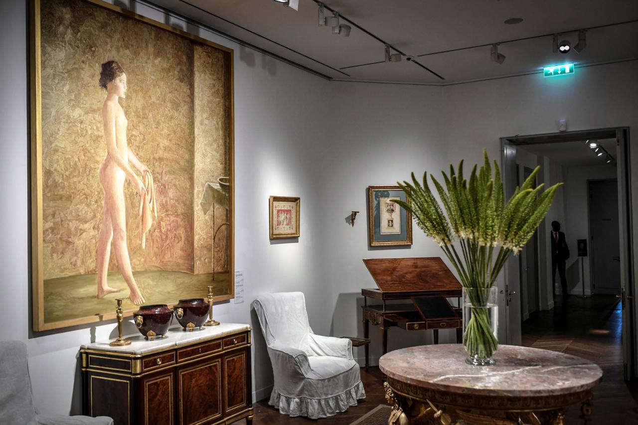 A photograph shows part of the personal collection of late French fashion designer Hubert de Givenchy displayed at Christie's auction house in Paris on June 8, 2022. - The interiors of the Hotel d'Orrouer and the Manoir Du Jonchet, from which the collection comes, have been recreated (14 rooms), as well as the French formal gardens of the Manoir du Jonchet. (Photo by STEPHANE DE SAKUTIN / AFP)