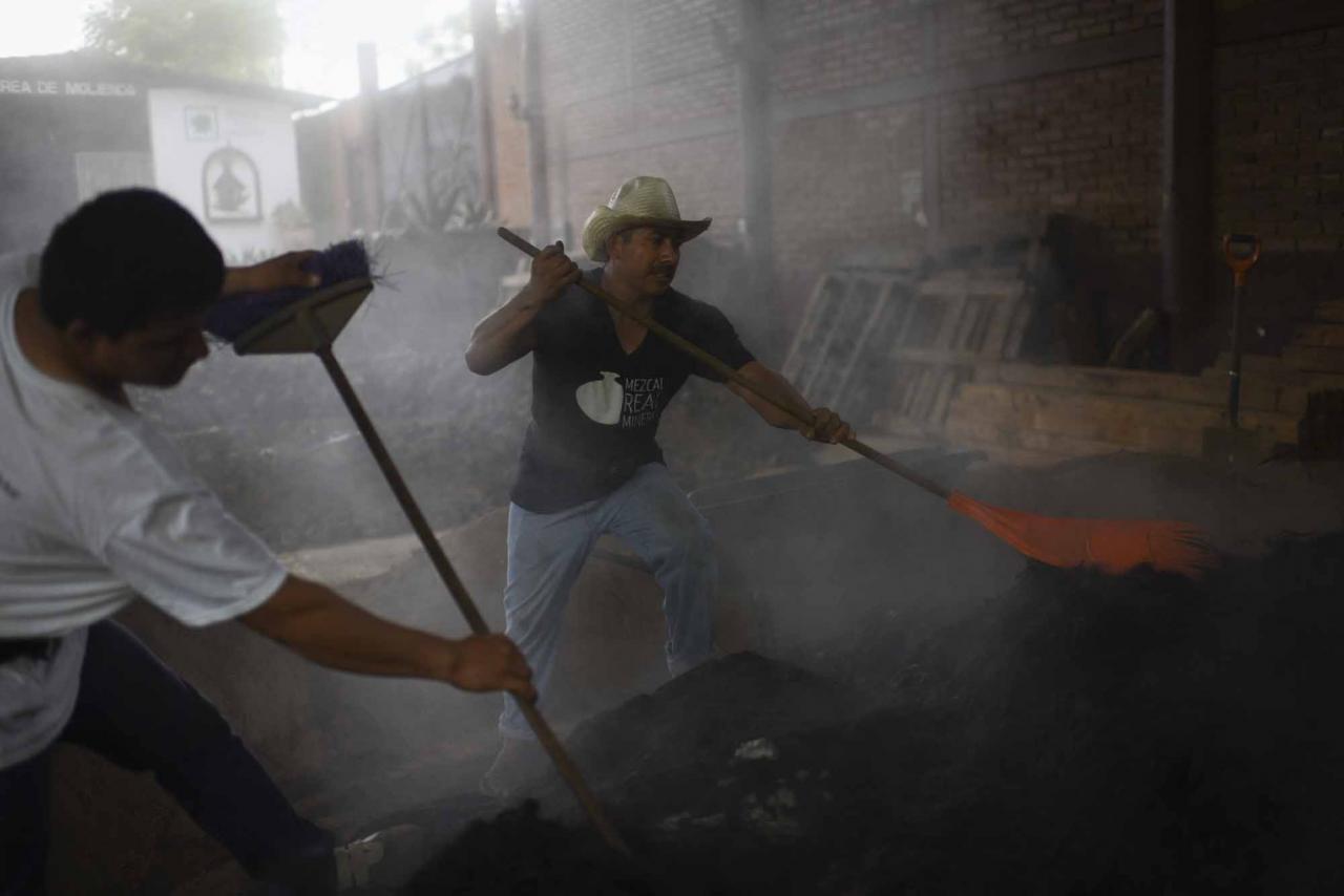 Workers cook agave pineapple at the Real Minero mezcal factory in Santa Catarina Minas, Oaxaca State, Mexico, on July 25, 2022. - Craft distillers fear mezcal will become victim of its own success. The fast-growing popularity of Tequila's lesser-known cousin is raising concerns about its sustainability as strong demand means that more land, water and firewood are needed to grow the agave plants and distill the smoky spirit. Faced with the boom, craft producers are committed to saving wild species by planting them and showcasing the artisanal process behind the liquor. (Photo by Pedro PARDO / AFP)