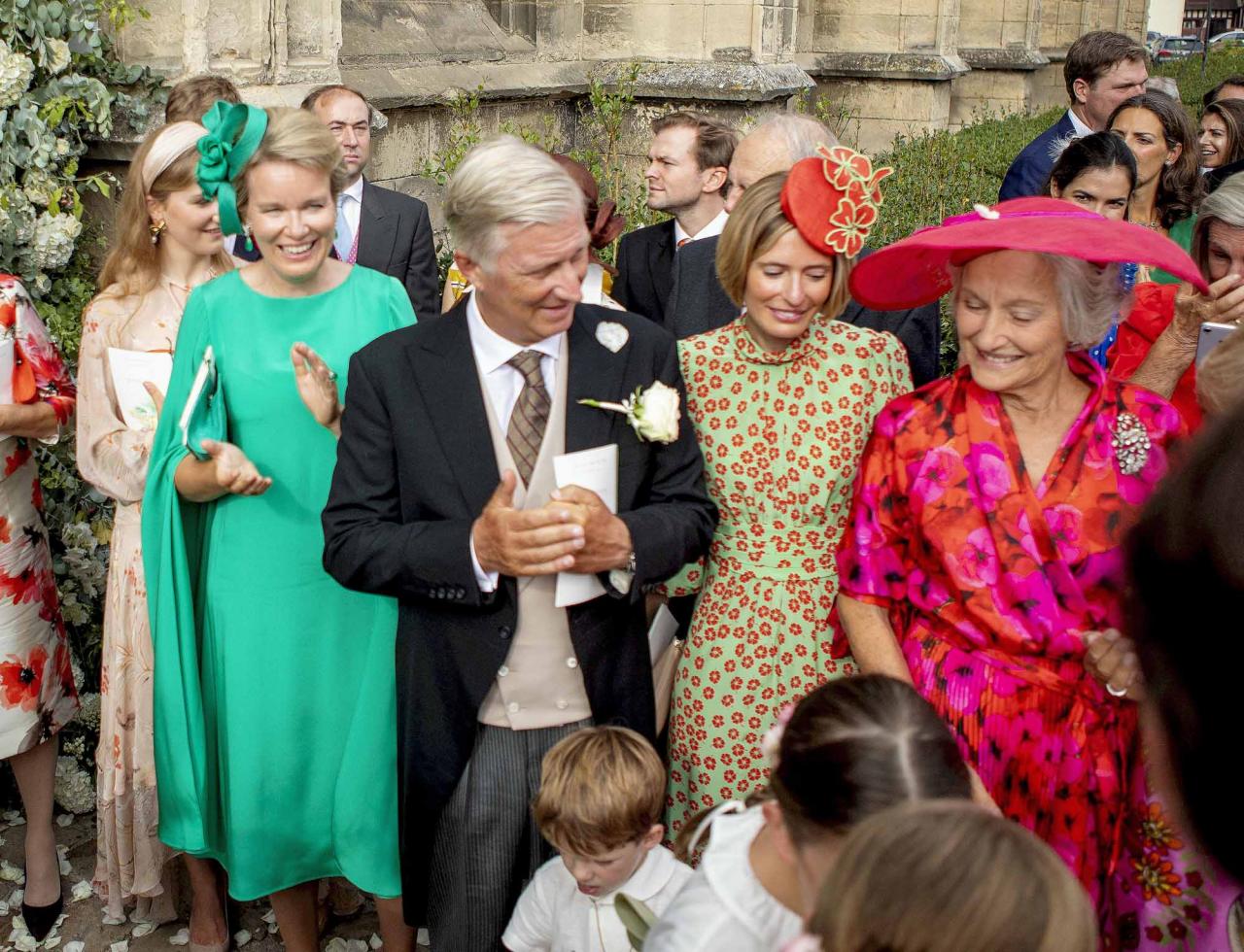 King Filip, Queen Mathilde, Crown Princess Elisabeth, Prince Emmanuel and Princess Eleonore of Belgium and Countess Anne Marie d'Udekem d'Acoz leave at the Eglise Saint-Michel in Pont-l Eveque, on September 03, 2022, after the wedding of Count Charles Henri d'Udekem d'Acoz and Countess Caroline Philippe d'Udekem d'Acoz Photo: Albert Nieboer / Netherlands OUT / Point de Vue OUT