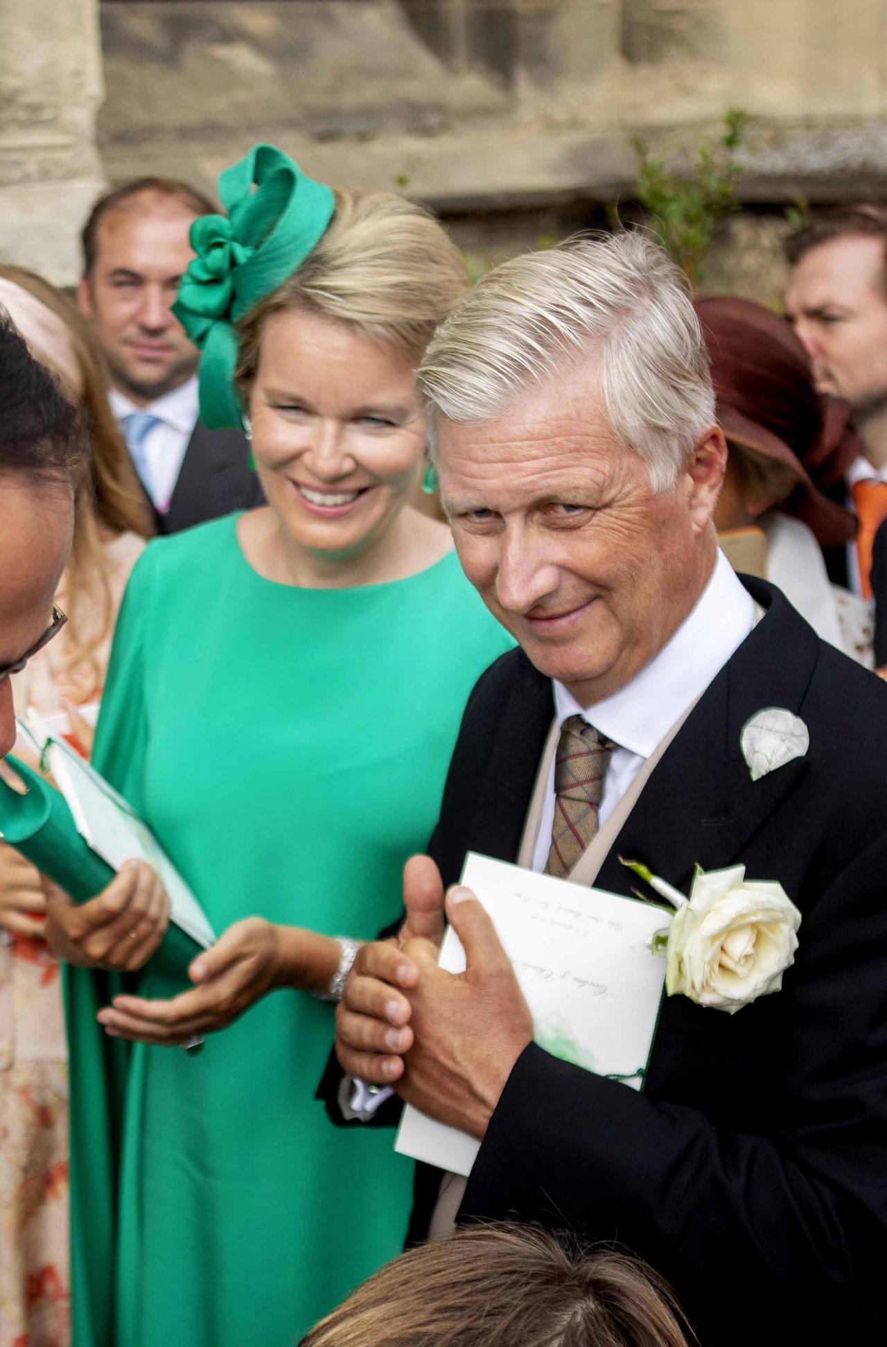 03-08-2022 Marriage Wedding of Count Charles-Henri d Udekem d Acoz, the younger brother of the Belgium Queen, and Caroline Philippe at Pont-L Eveque in France.Queen Mathilde and King Filip, PhilippePrincess Elisabeth © ddp images/PPE/Nieboer Point de Vue out