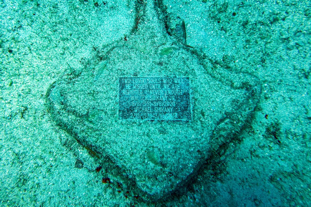 A memorial plaque is placed at the man-made Neptune Memorial Reef, 3.25 miles (5.2 kms) off the coast of Key Biscayne, Florida, on May 14, 2022. - The memorial, which opened in 2007, is a columbarium 3.25 miles (5.2 km) off the coast of Key Biscayne, Florida, at a depth of 40 feet (12 meters.) The ashes of Chef Julia Child were interred in the reef upon her death in 2004. (Photo by CHANDAN KHANNA / AFP)