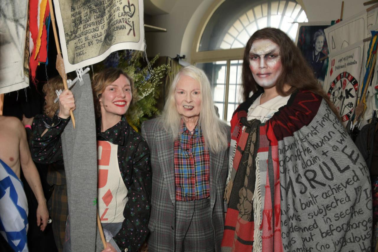 LONDON, ENGLAND - FEBRUARY 17: (L to R)  Camilla Rutherford, Dame Vivienne Westwood and Daniel Lismore pose backstage at the Vivienne Westwood show during London Fashion Week February 2019 on February 17, 2019 in London, England.  (Photo by David M. Benett/Dave Benett/Getty Images)