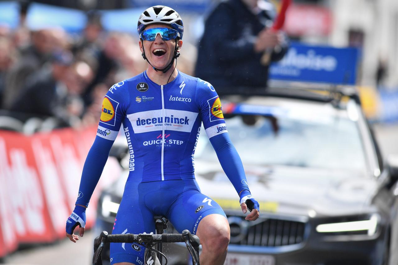 Belgian Remco Evenepoel of Deceuninck - Quick-Step celebrates as he crosses the finish line to win the second stage of the Baloise Belgium Tour cycling race, 180,8km from Knokke-Heist to Zottegem, Thursday 13 June 2019. BELGA PHOTO DAVID STOCKMAN        (Photo credit should read DAVID STOCKMAN/AFP via Getty Images)