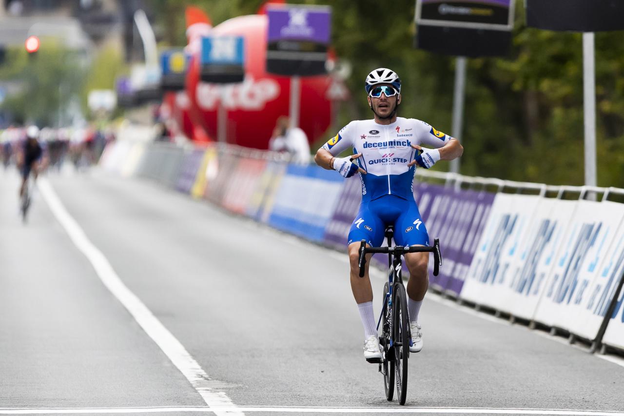 Deceuninck - Quick-Step French rider Florian Senechal celebrates after winning the 60th edition of the Druivenkoers cycling race, 192.2 km from Overijse to Overijse, on August 29, 2020. (Photo by KRISTOF VAN ACCOM / BELGA / AFP) / Belgium OUT (Photo by KRISTOF VAN ACCOM/BELGA/AFP via Getty Images)