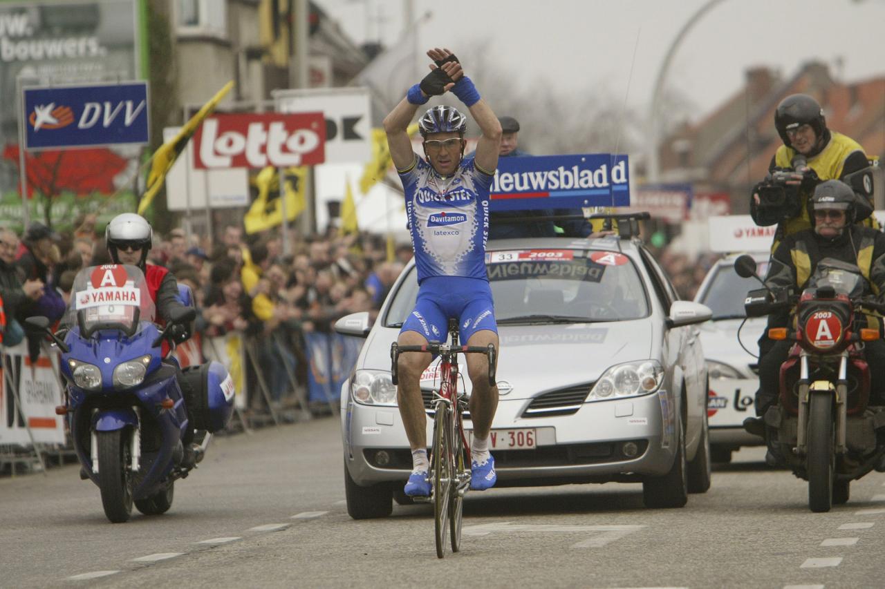 01-03-2003: Het Volk - , Johan Museeuw, Quick-Step winner of the race. (Photo by Lars Ronbog/FrontzoneSport via Getty Images)