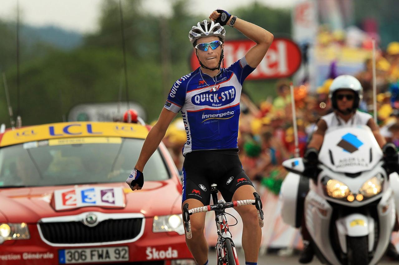 STATION DES ROUSSES, FRANCE - JULY 10:  France's Sylvain Chavanel with team Quick Step wins the 165.5km stage seven of the Tour de France July 10, 2010 in Station Des Rousses, France. The route, which began in Tournus, finished in the Jura mountains and featured the first category two climbs of the Tour. Chavanel has also recaptured the yellow jersey. The iconic bicycle race will include a total of 20 stages and will cover 3,642km before concluding in Paris on July 25.    (Photo by Spencer Platt/Getty Images)