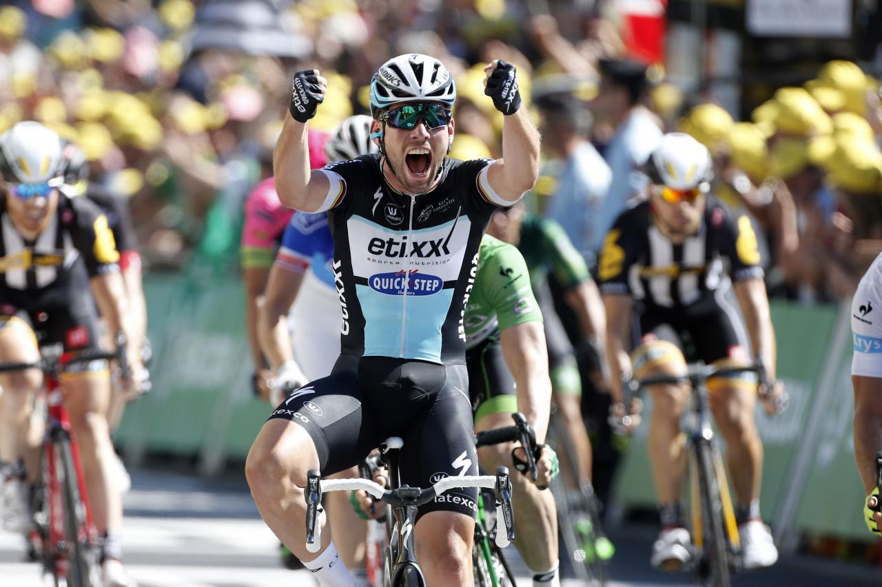 FOUGERES, FRANCE - JULY 10: Mark Cavendish of Great Britain and Team Etixx-Quick Step celebrates winning the sprint finish during stage seven of the 2015 Tour de France, a 190.5 km road stage from Livarot to Fougeres on July 10, 2015 in Fougeres, France. (Photo by Jean Catuffe/Getty Images)