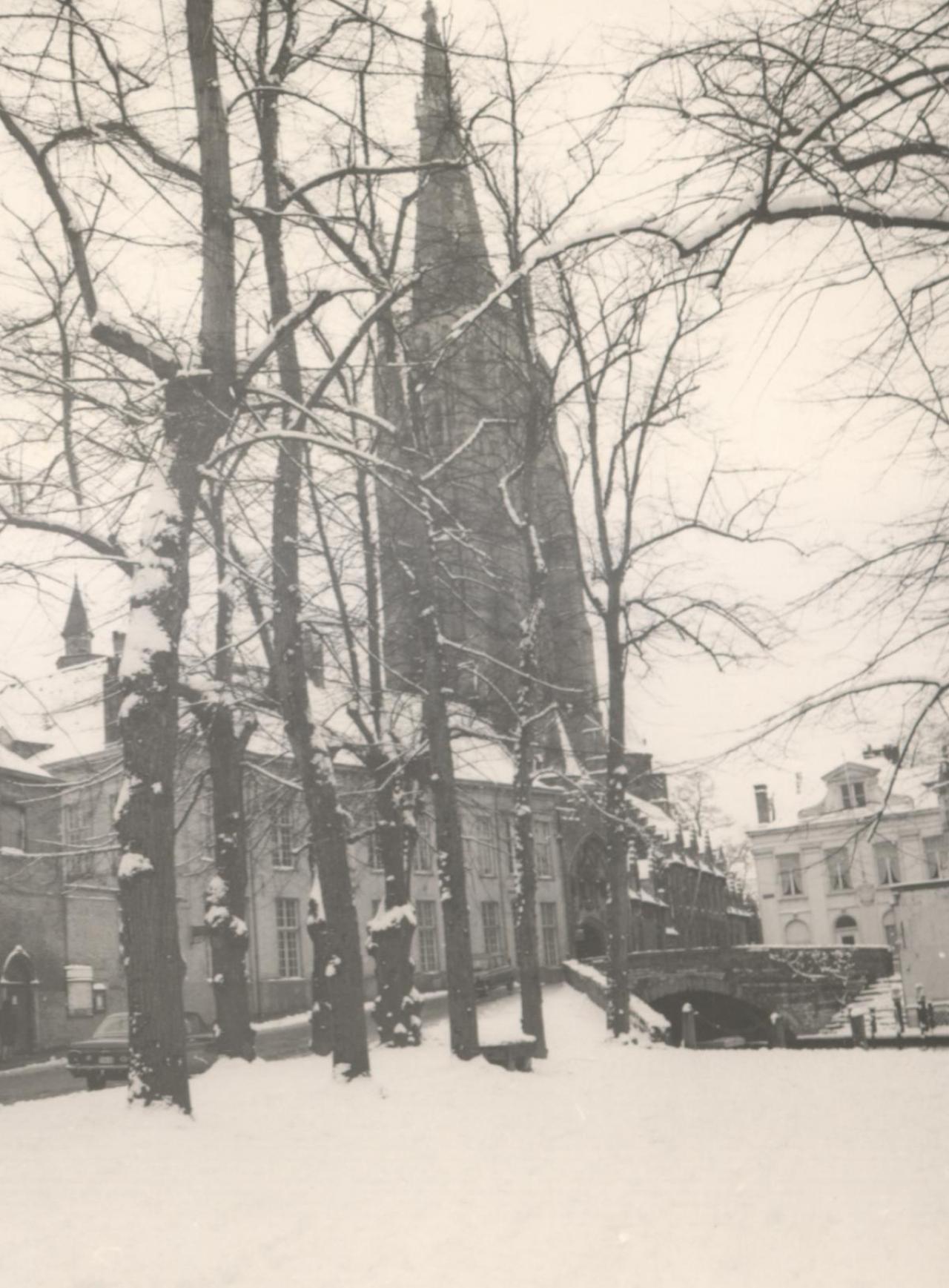 De Dijver onder de sneeuw, op de achtergrond de Onze-Lieve-Vrouwekerk in 1969