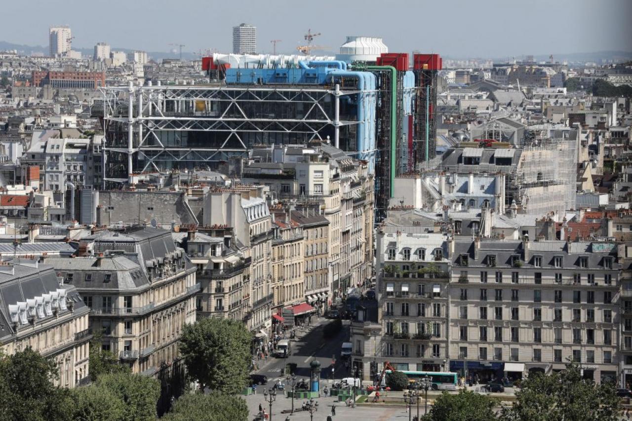 A photo taken on June 26, 2018 from the Notre-Dame de Paris Cathedral shows the Pompidou cultural center and musuem in central Paris. (Photo by Ludovic MARIN / AFP) (Photo by LUDOVIC MARIN/AFP via Getty Images)