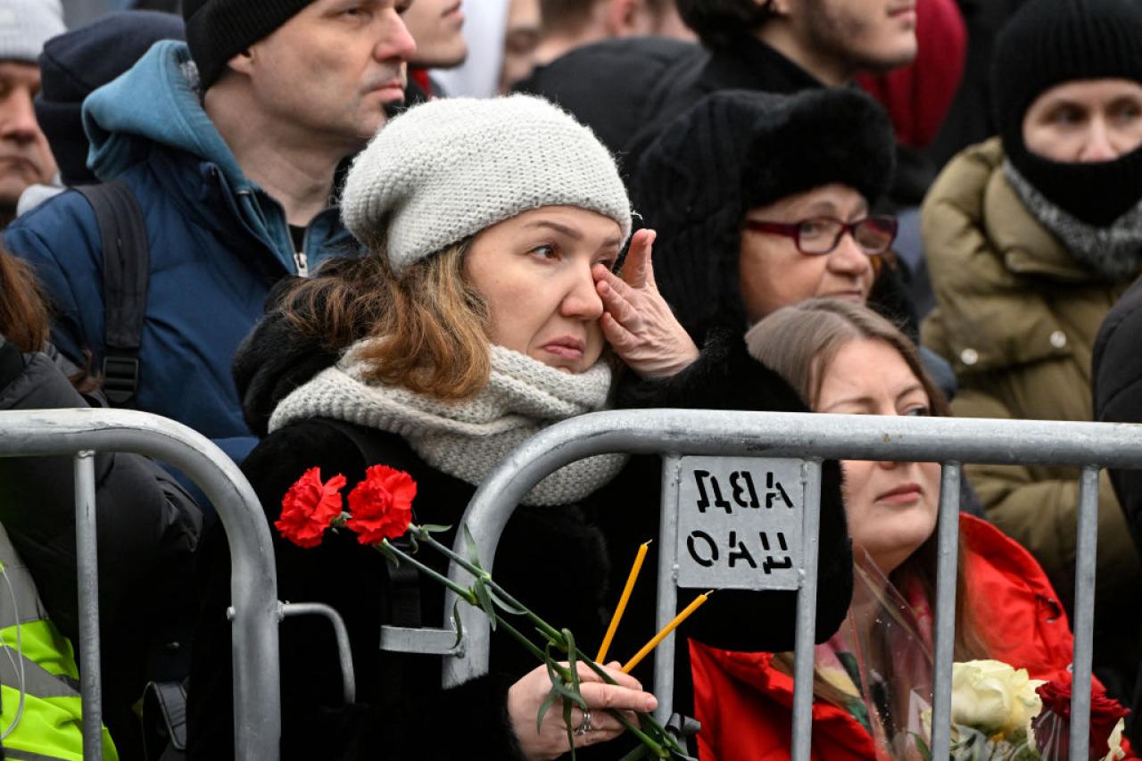 Mourners gather in front of the Mother of God Quench My Sorrows church ahead of a funeral service for late Russian opposition leader Alexei Navalny, in Moscow's district of Maryino on March 1, 2024. (Photo by Alexander NEMENOV / AFP) (Photo by ALEXANDER NEMENOV/AFP via Getty Images)